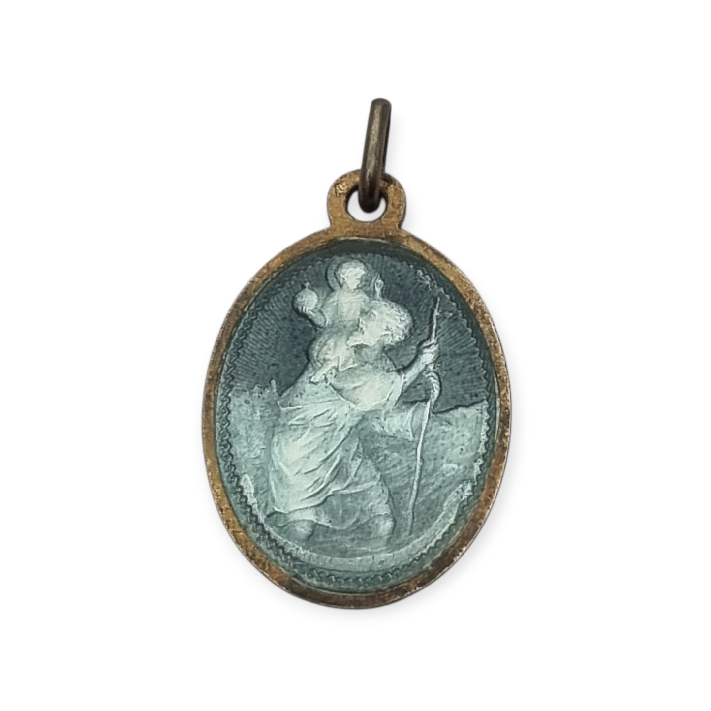 Medalla antigua San Cristóbal esmalte azul protector viajeros Europa, circa 1950-60