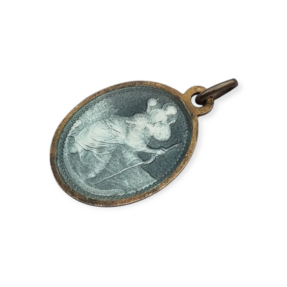 Medalla antigua San Cristóbal esmalte azul protector viajeros Europa, circa 1950-60