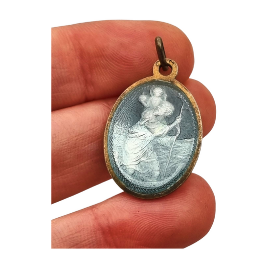 Medalla antigua San Cristóbal esmalte azul protector viajeros Europa, circa 1950-60