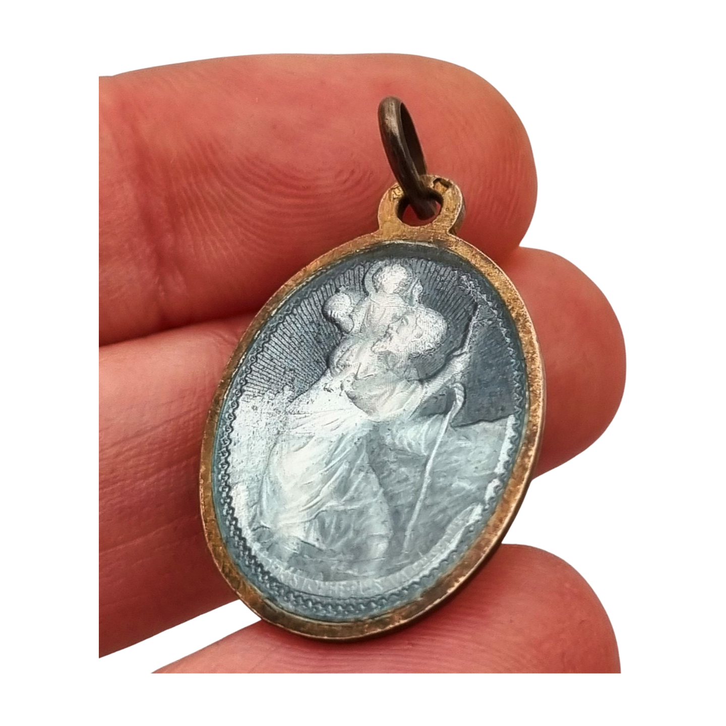 Medalla antigua San Cristóbal esmalte azul protector viajeros Europa, circa 1950-60