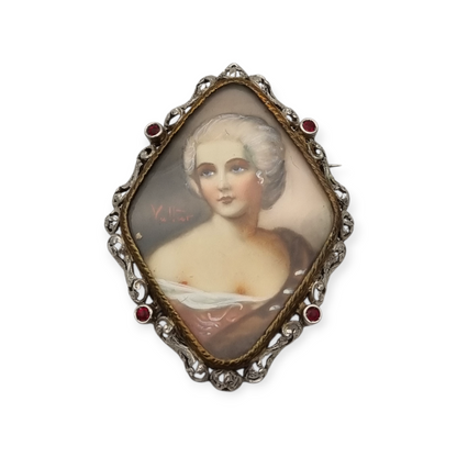 Broche victoriano miniatura pintada firmado Vultur de plata y vermeil, circa 1880