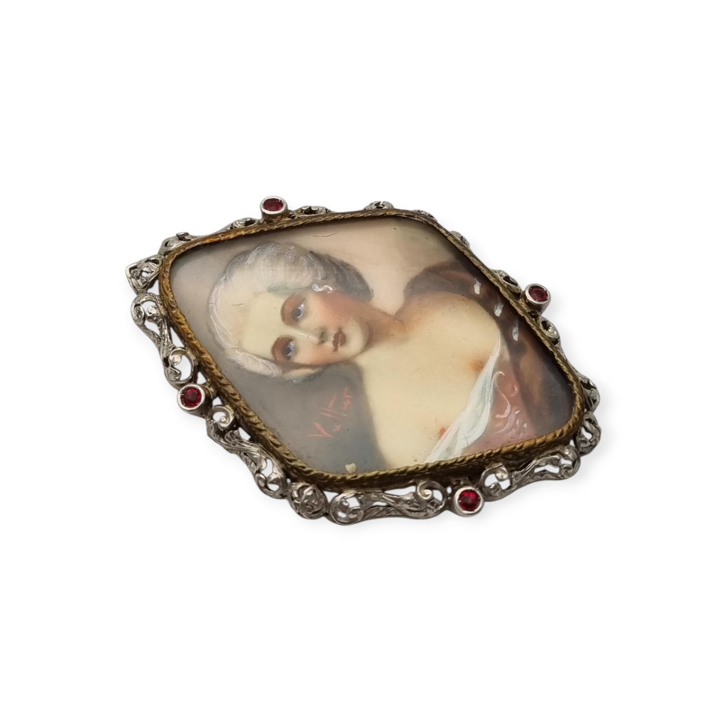 Broche victoriano miniatura pintada firmado Vultur de plata y vermeil, circa 1880