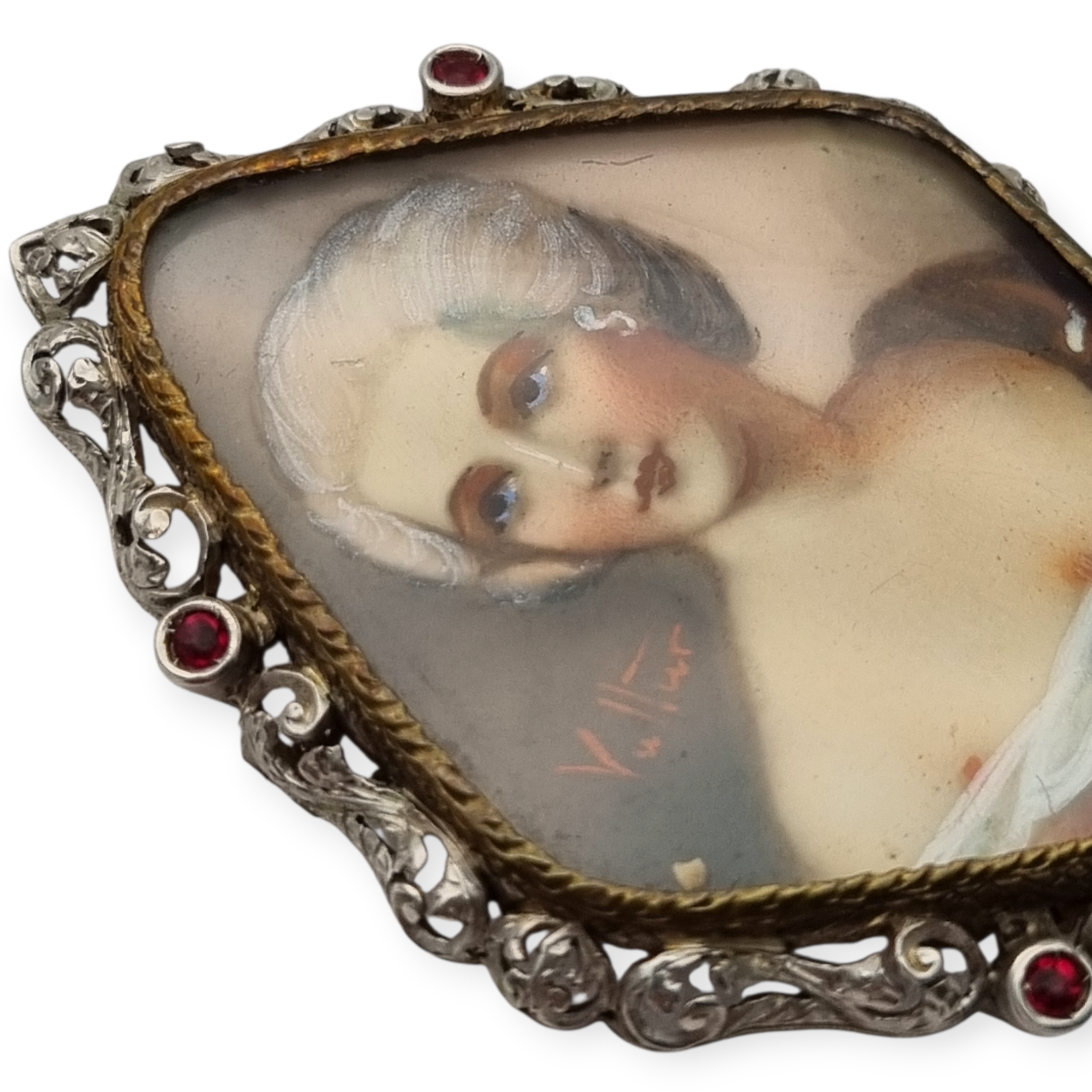 Broche victoriano miniatura pintada firmado Vultur de plata y vermeil, circa 1880