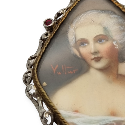 Broche victoriano miniatura pintada firmado Vultur de plata y vermeil, circa 1880