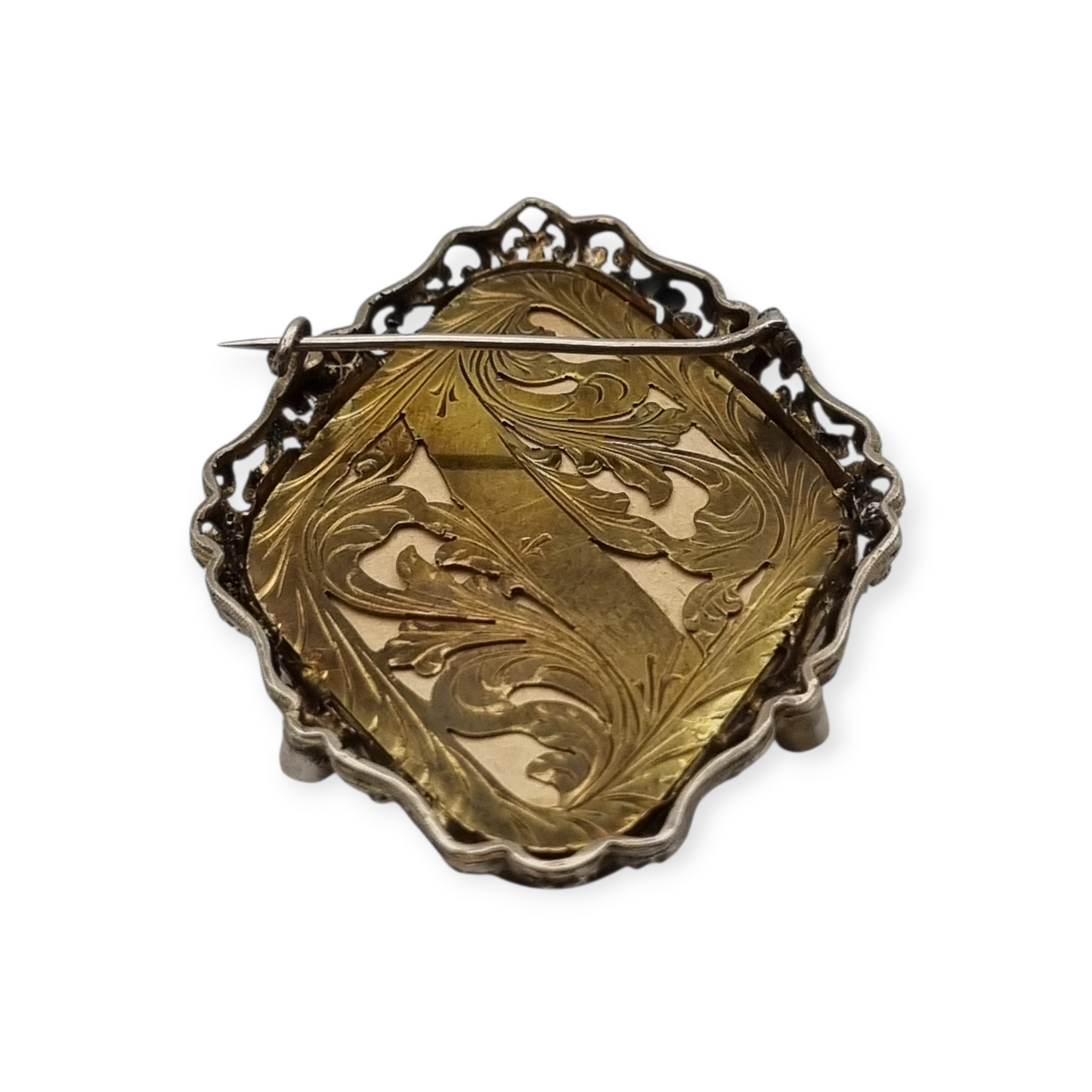 Broche victoriano miniatura pintada firmado Vultur de plata y vermeil, circa 1880