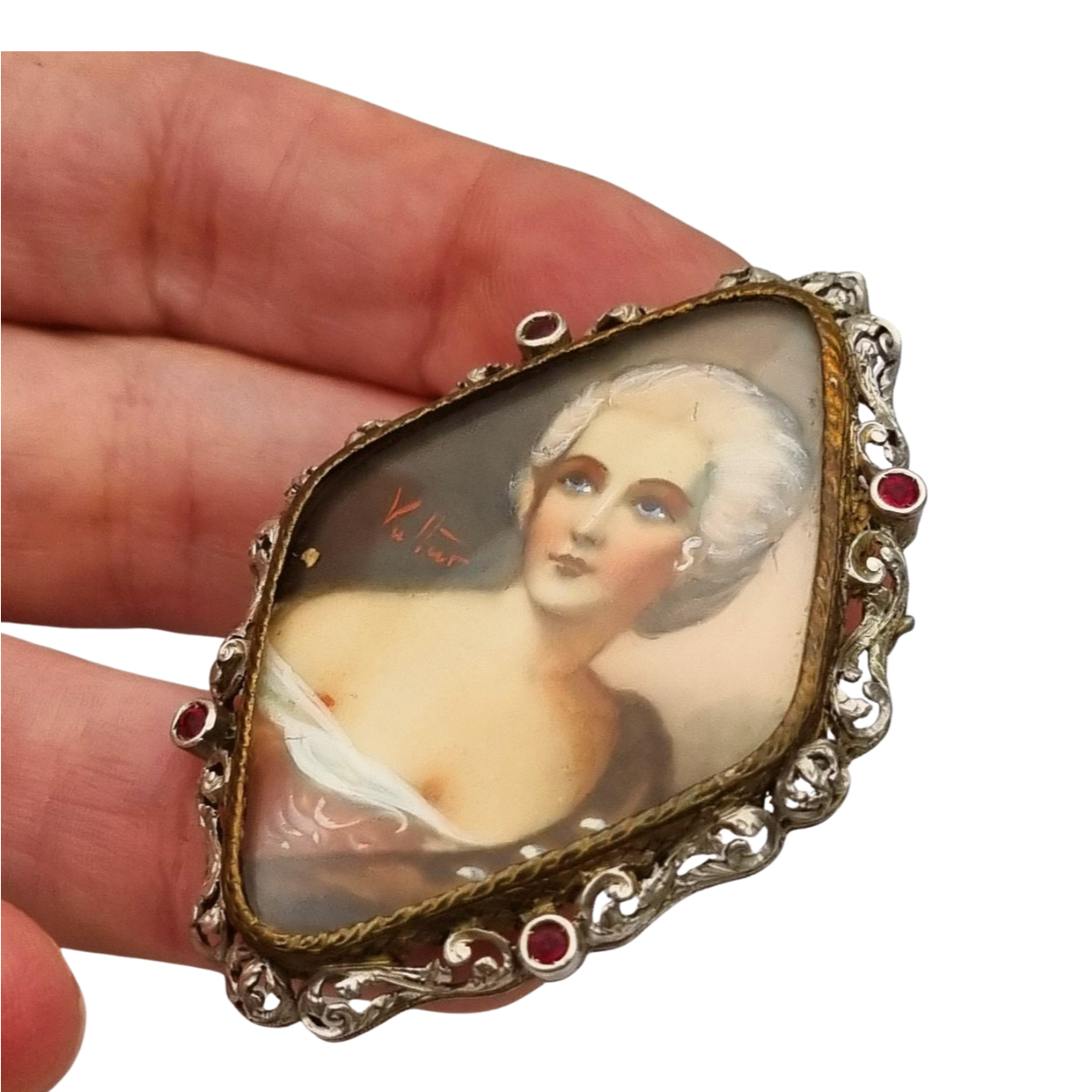 Broche victoriano miniatura pintada firmado Vultur de plata y vermeil, circa 1880