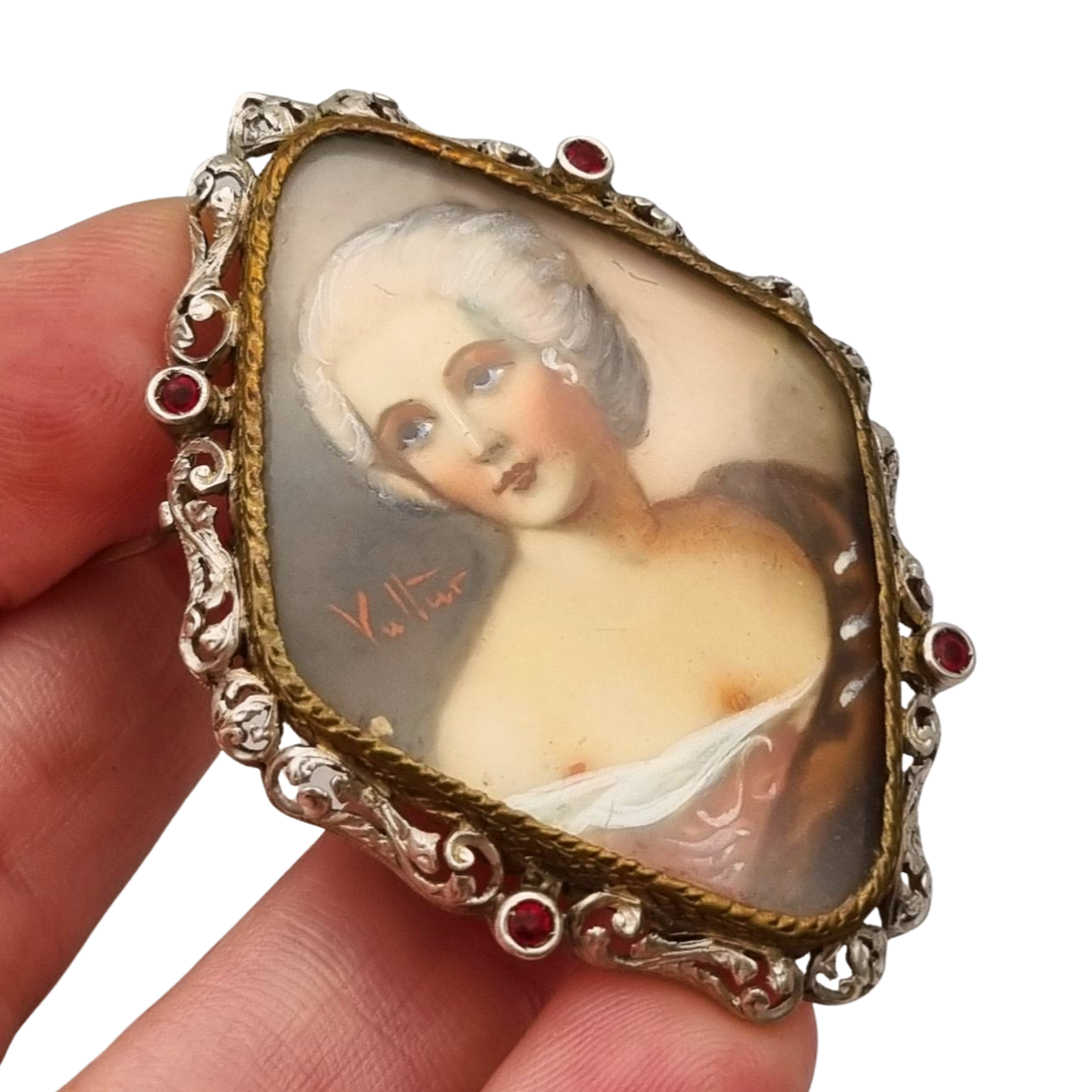 Broche victoriano miniatura pintada firmado Vultur de plata y vermeil, circa 1880