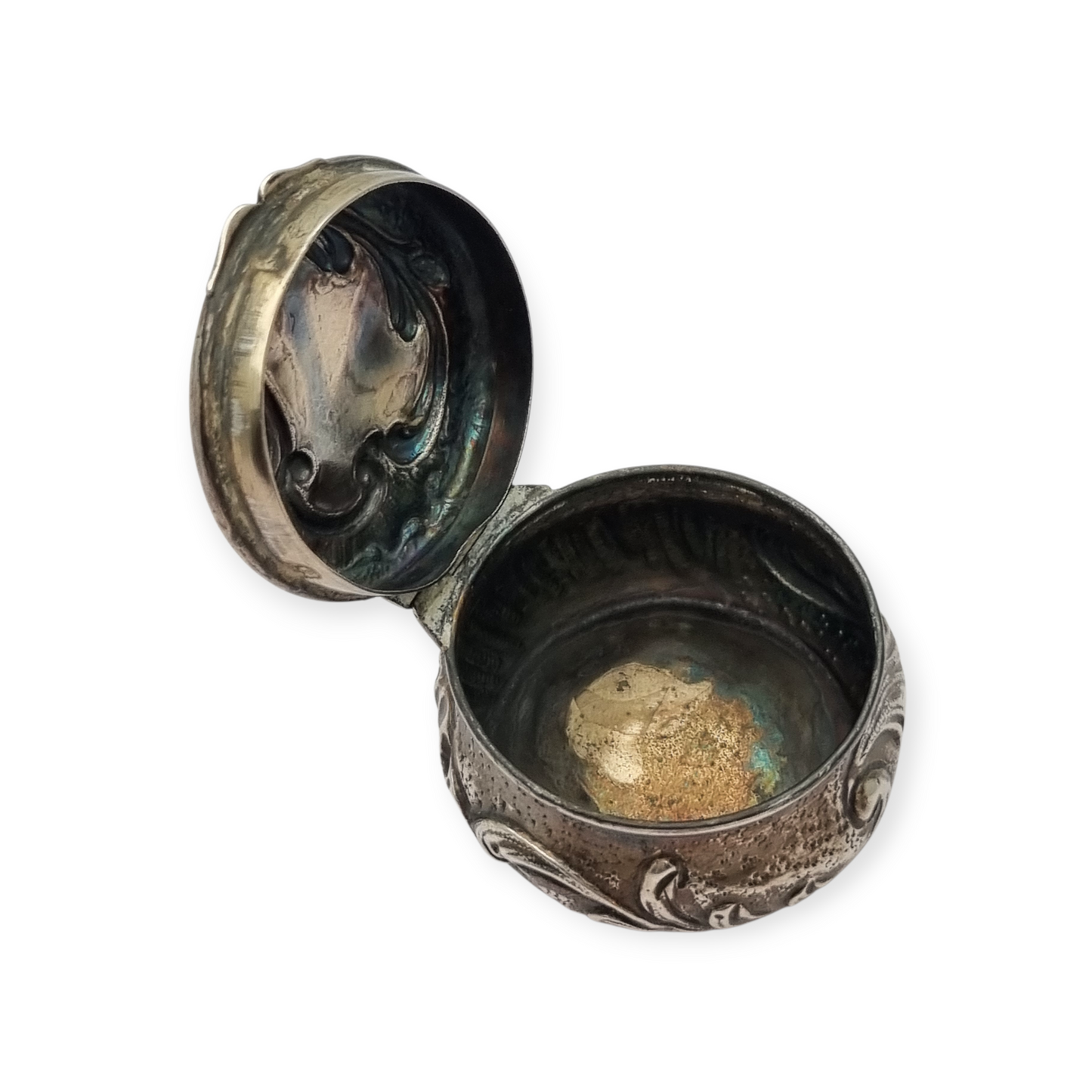 Art Nouveau silver chatelaine box with floral relief, signed JB, France, circa 1920.