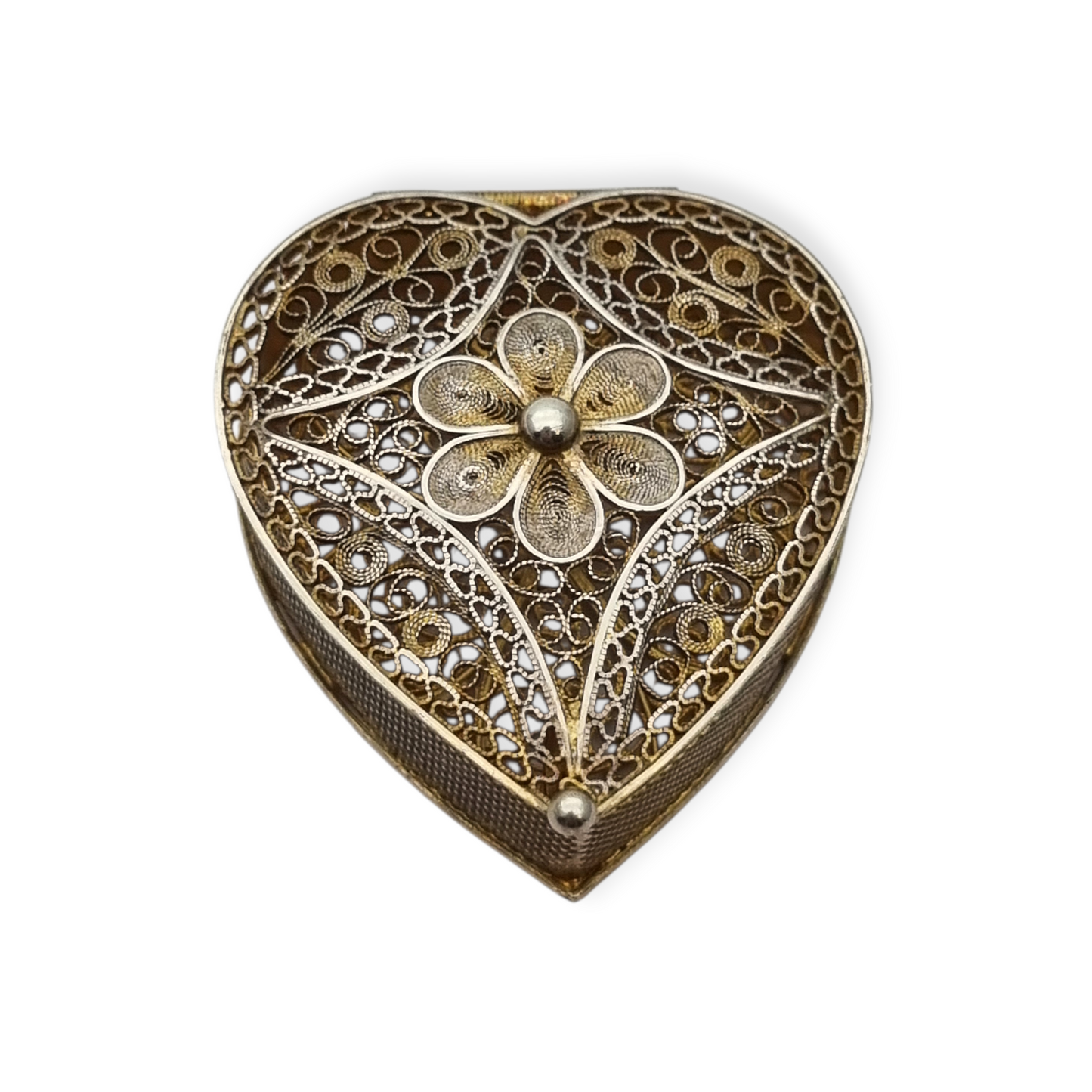 Italian 800 silver box with filigree and heart shape, 1960s-70s.