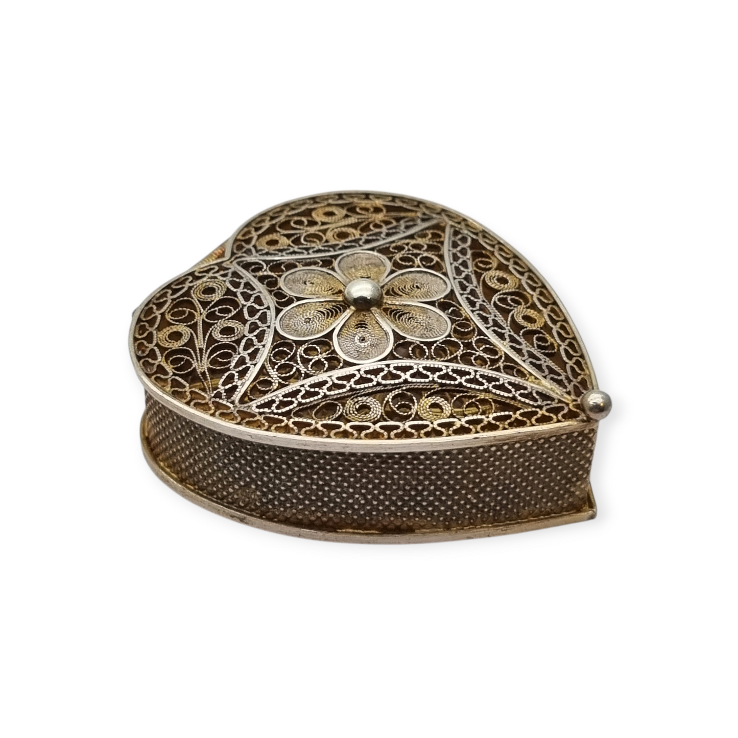 Italian 800 silver box with filigree and heart shape, 1960s-70s.