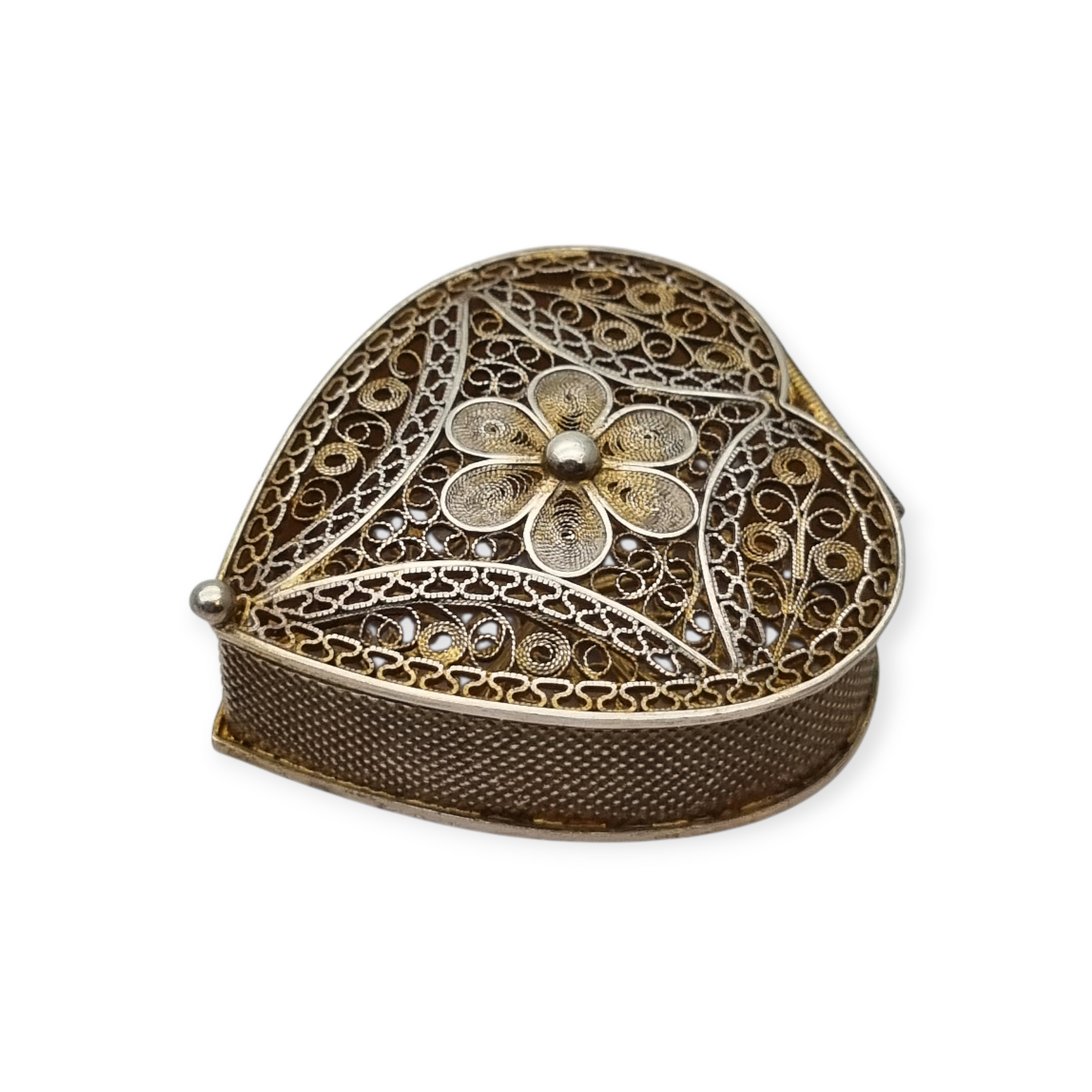 Italian 800 silver box with filigree and heart shape, 1960s-70s.