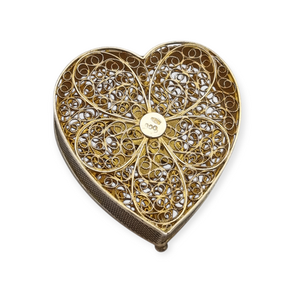 Italian 800 silver box with filigree and heart shape, 1960s-70s.