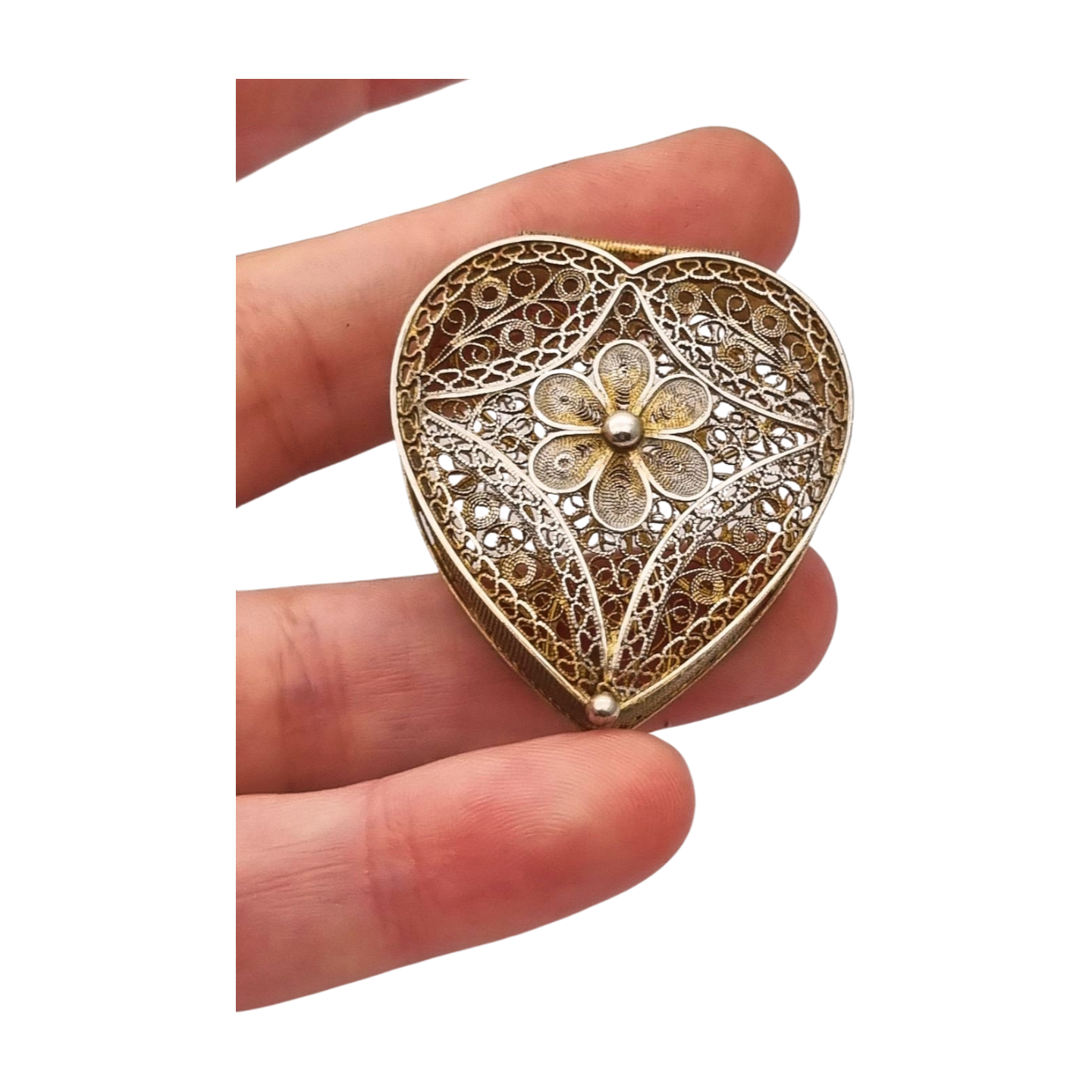 Italian 800 silver box with filigree and heart shape, 1960s-70s.