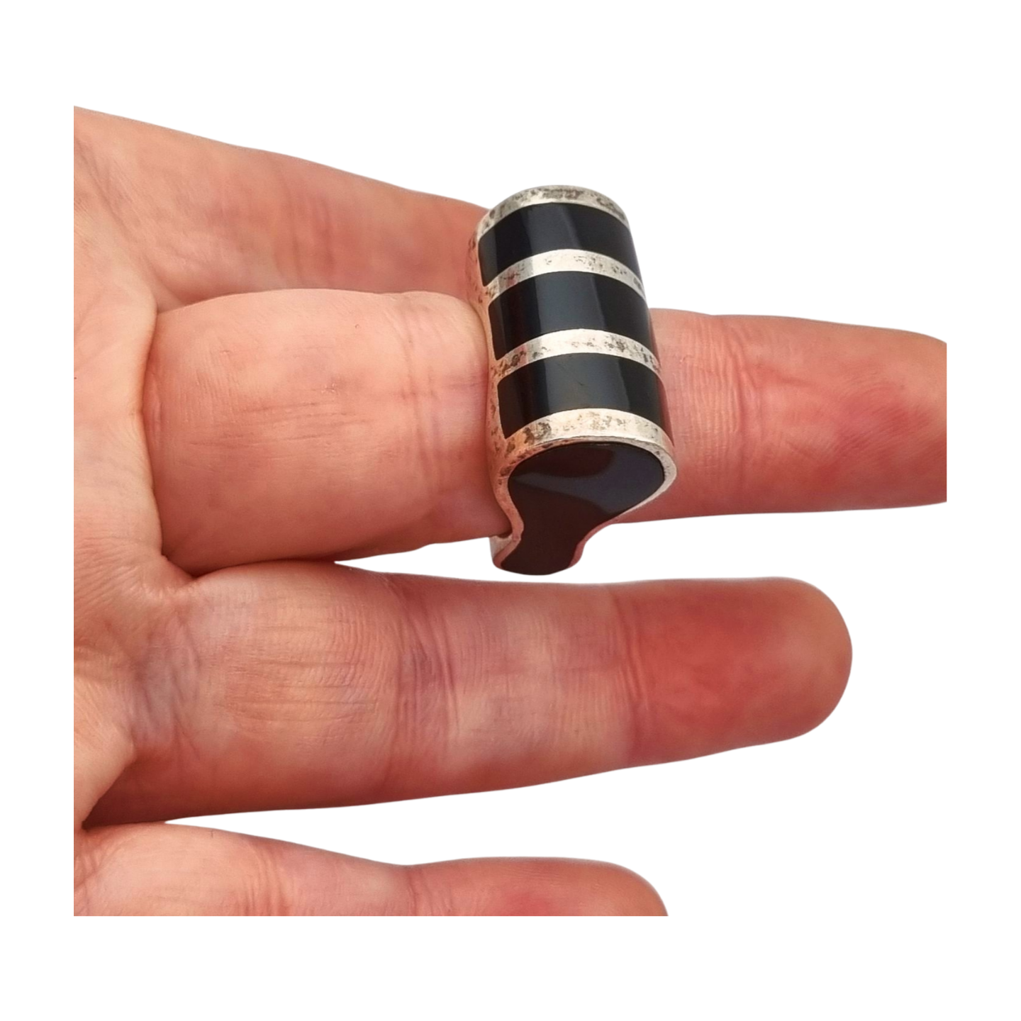 Geometric design ring in silver and black onyx, very original, 1980
