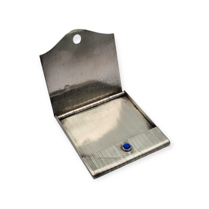 Art Deco matchbox in fluted 800 silver with blue cabochon, Europe 1930-40