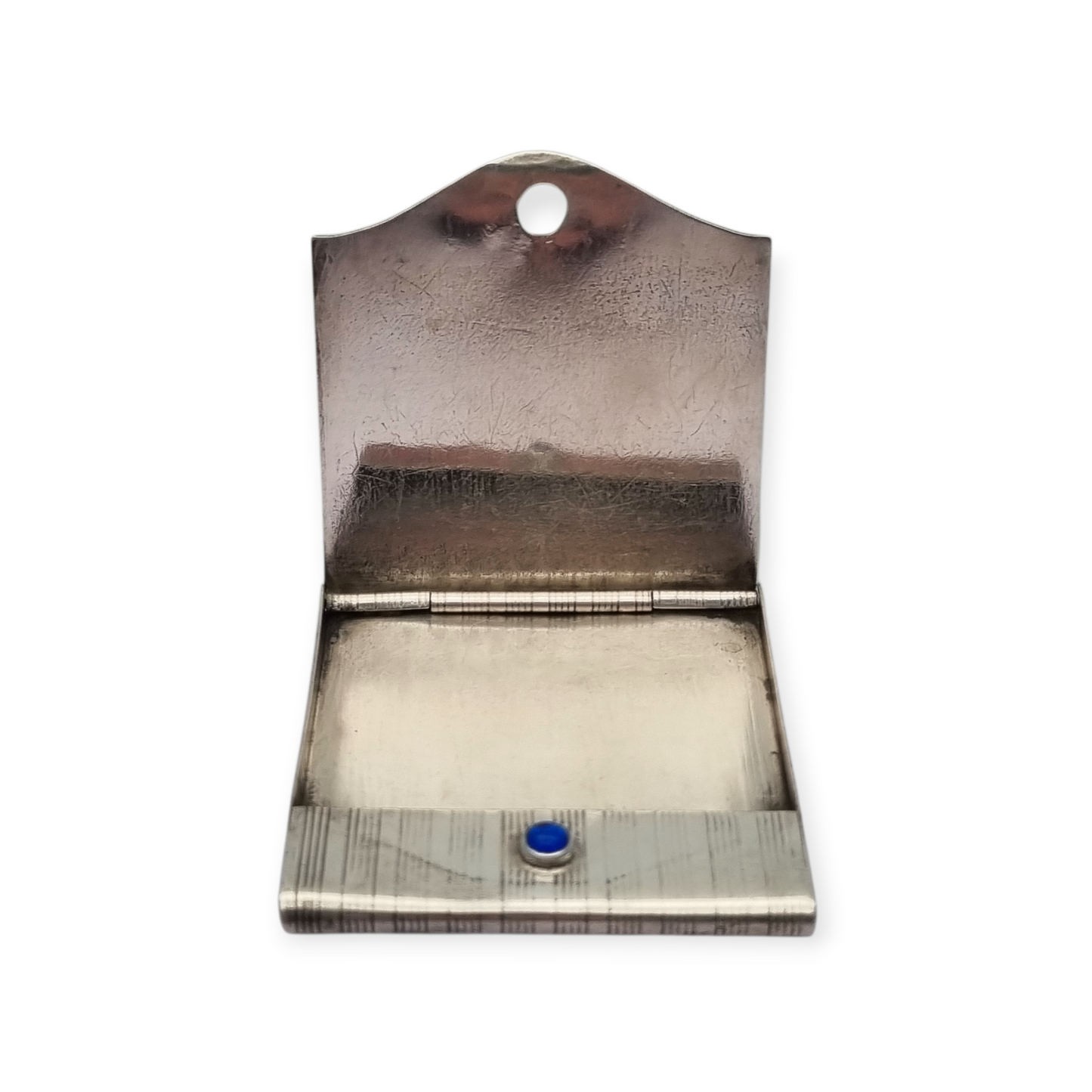 Art Deco matchbox in fluted 800 silver with blue cabochon, Europe 1930-40