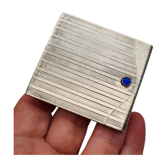Art Deco matchbox in fluted 800 silver with blue cabochon, Europe 1930-40