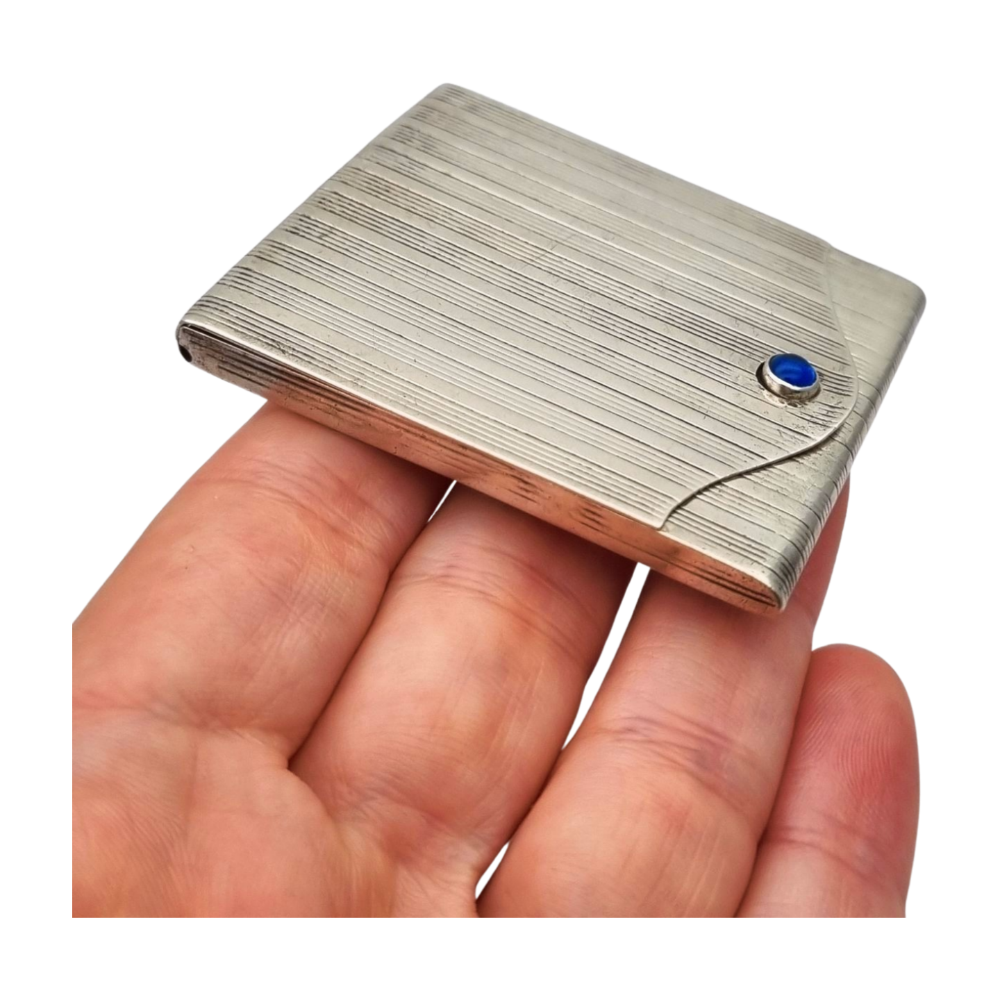 Art Deco matchbox in fluted 800 silver with blue cabochon, Europe 1930-40