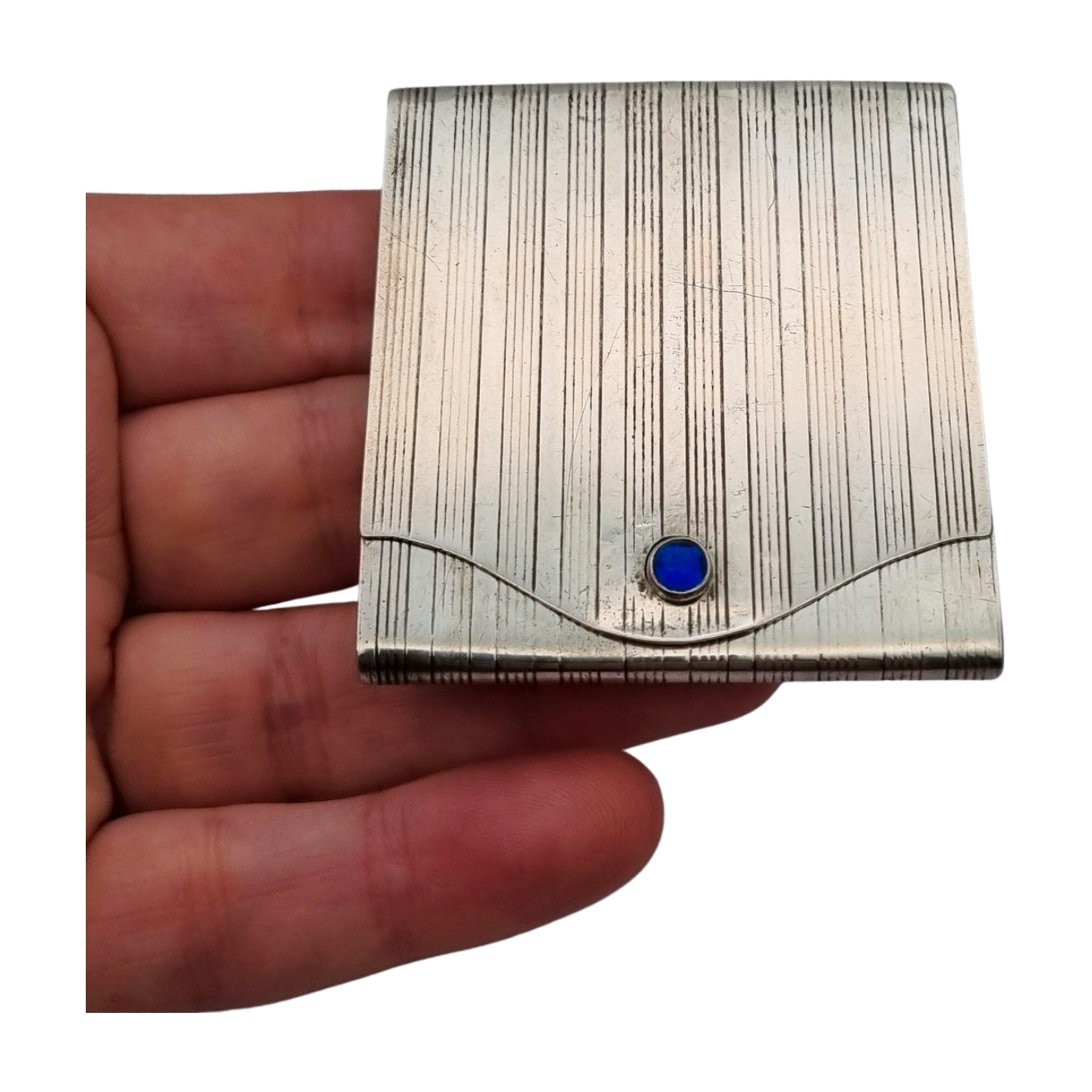 Art Deco matchbox in fluted 800 silver with blue cabochon, Europe 1930-40