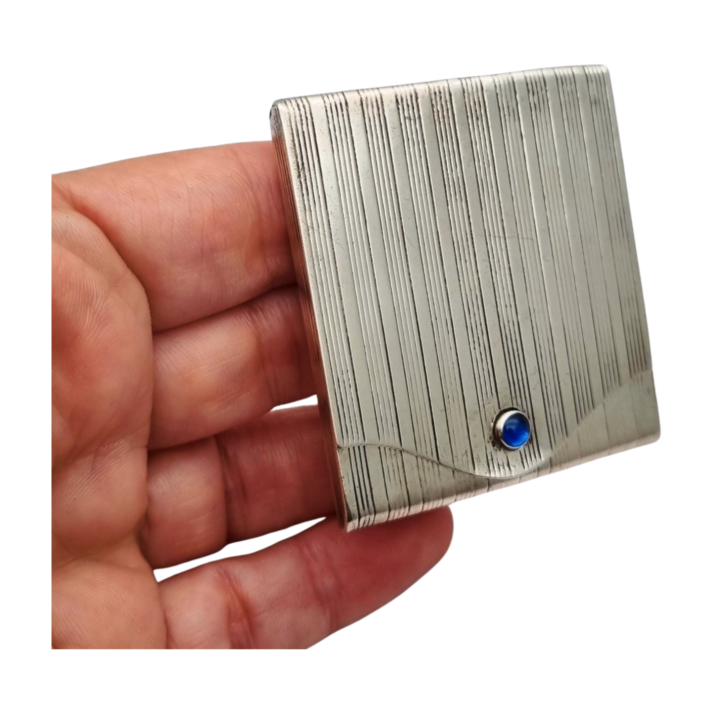 Art Deco matchbox in fluted 800 silver with blue cabochon, Europe 1930-40