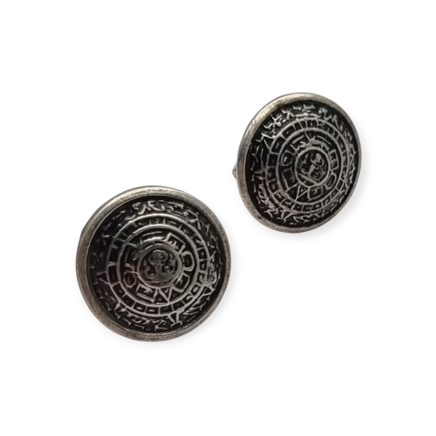 925 Silver Aztec Calendar Sun Earrings from Mexico, circa 1980