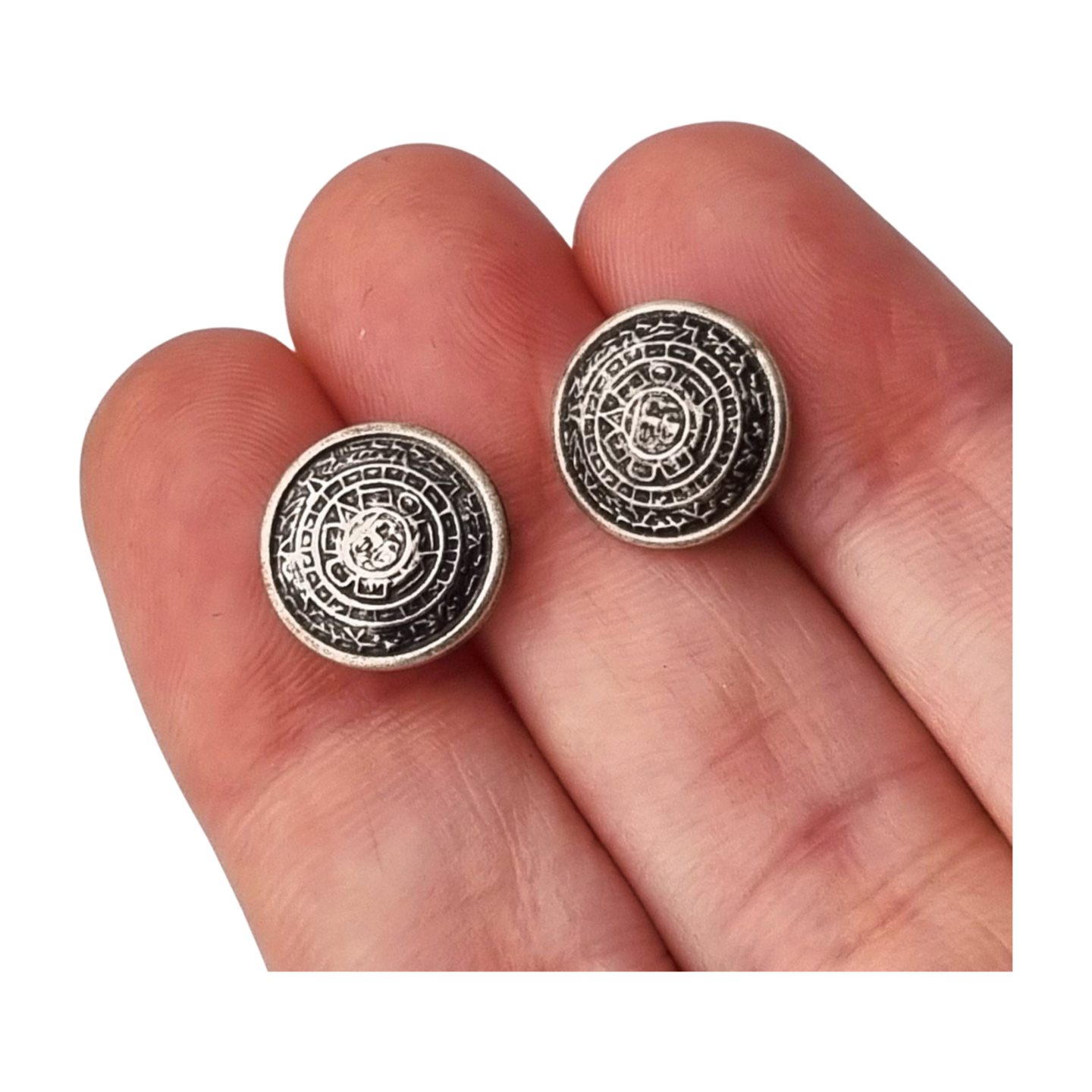 925 Silver Aztec Calendar Sun Earrings from Mexico, circa 1980