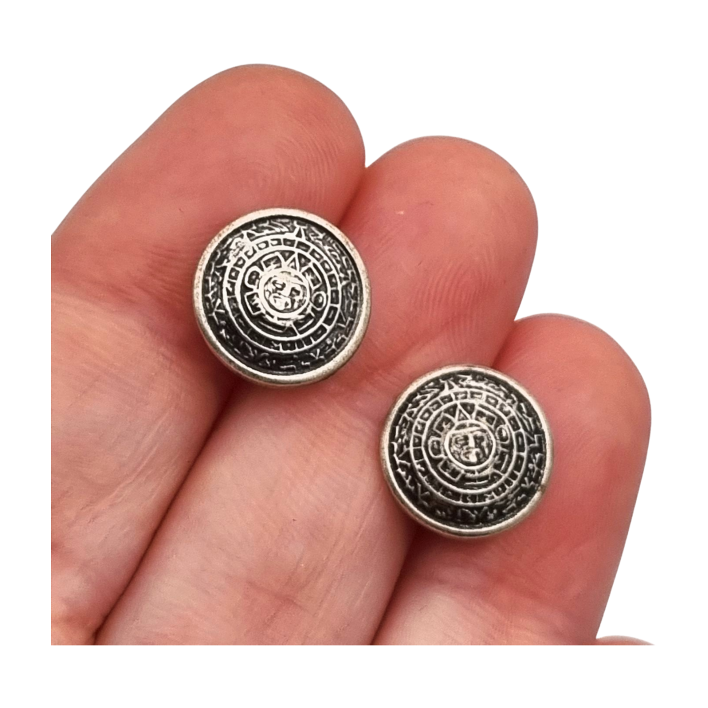 925 Silver Aztec Calendar Sun Earrings from Mexico, circa 1980