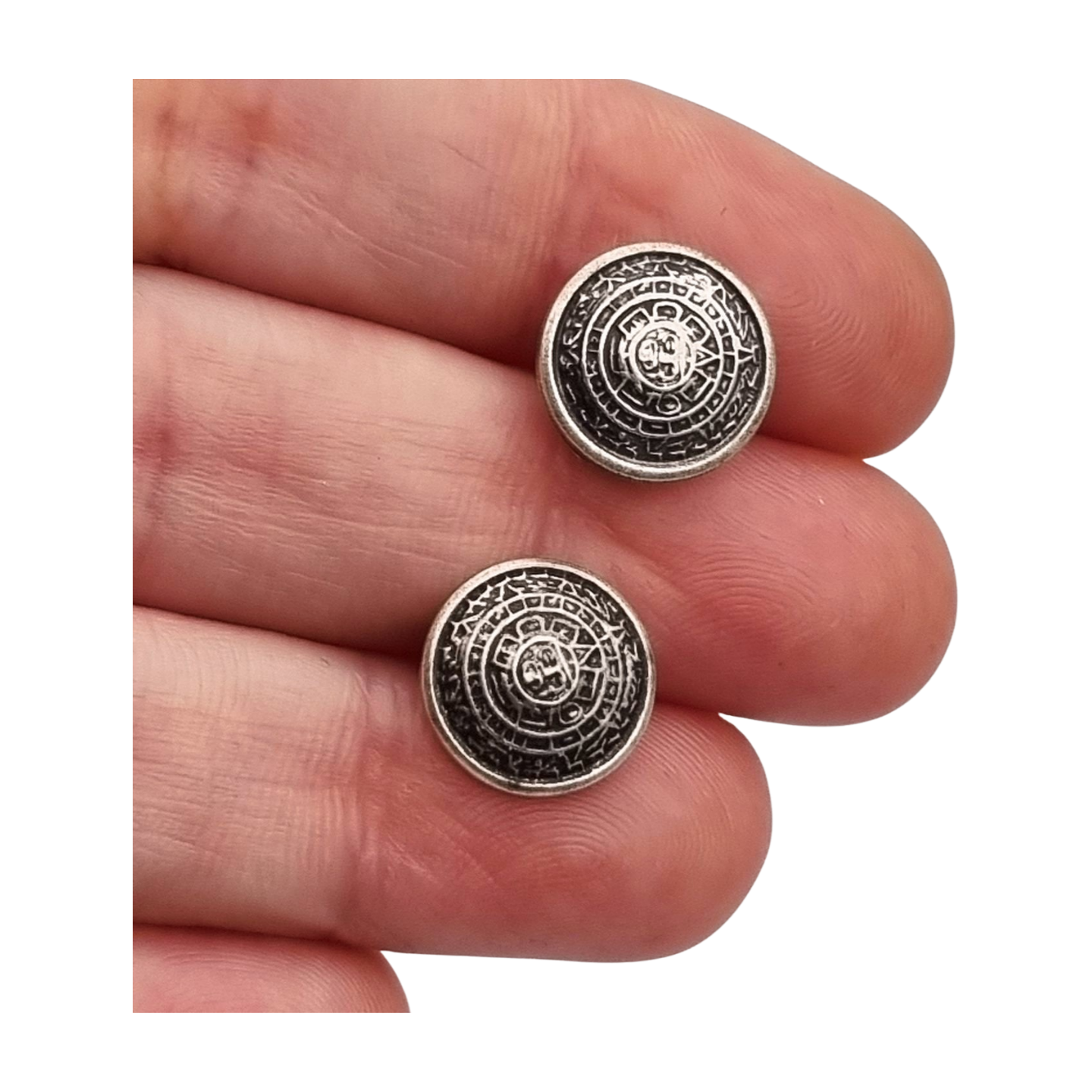 925 Silver Aztec Calendar Sun Earrings from Mexico, circa 1980
