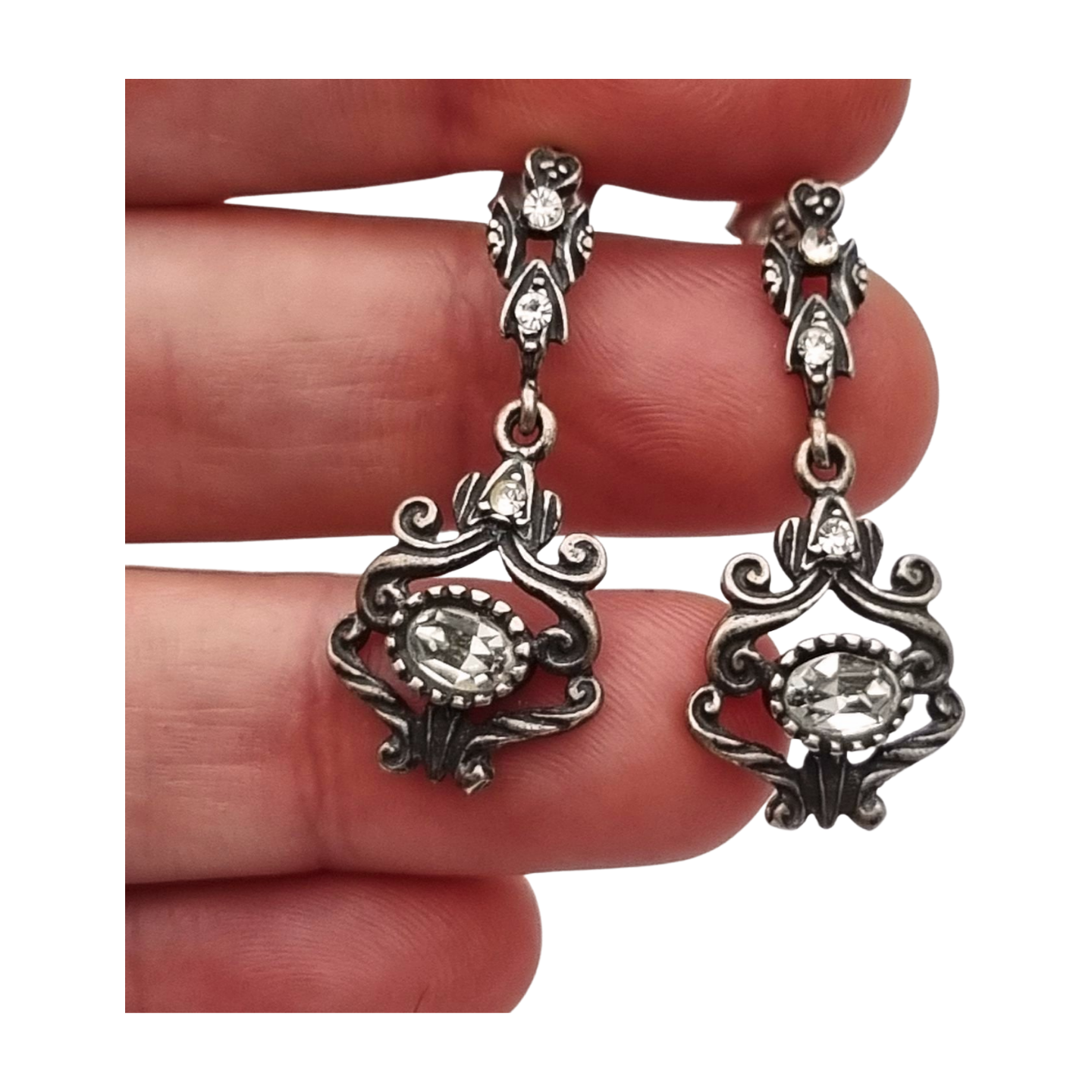 Pendientes de plata con pedrería blanca regionales, estilo barroco revival años 70