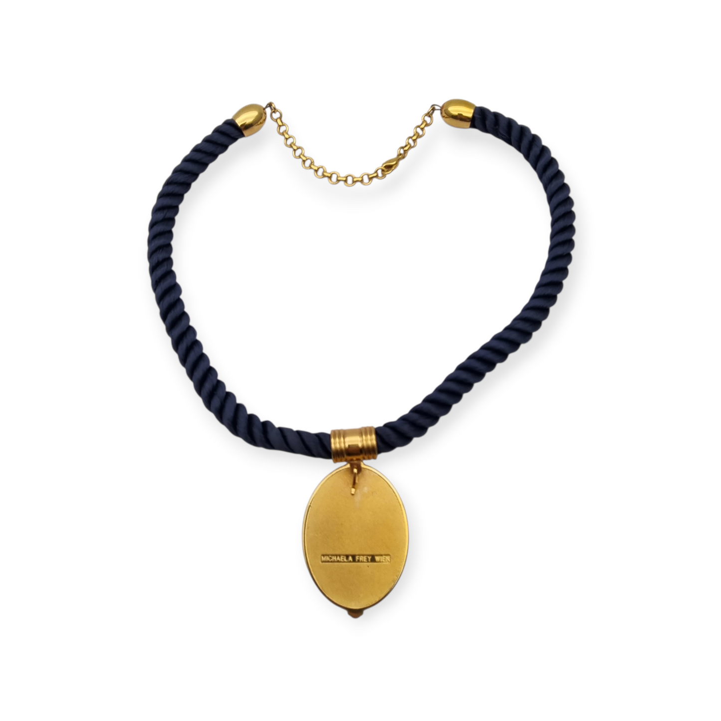 Collar con colgante de iris de Michaela Frey Wien esmaltado con cordón azul, circa 1980