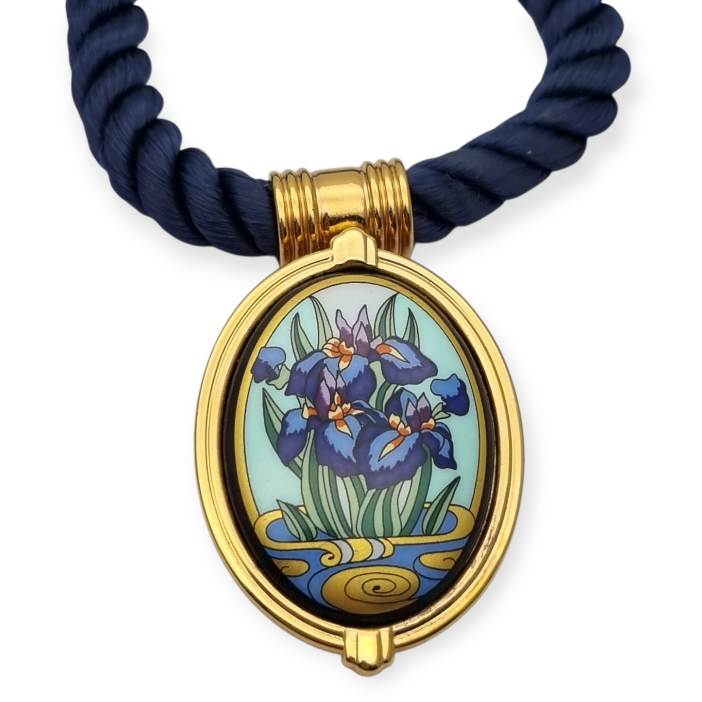 Collar con colgante de iris de Michaela Frey Wien esmaltado con cordón azul, circa 1980