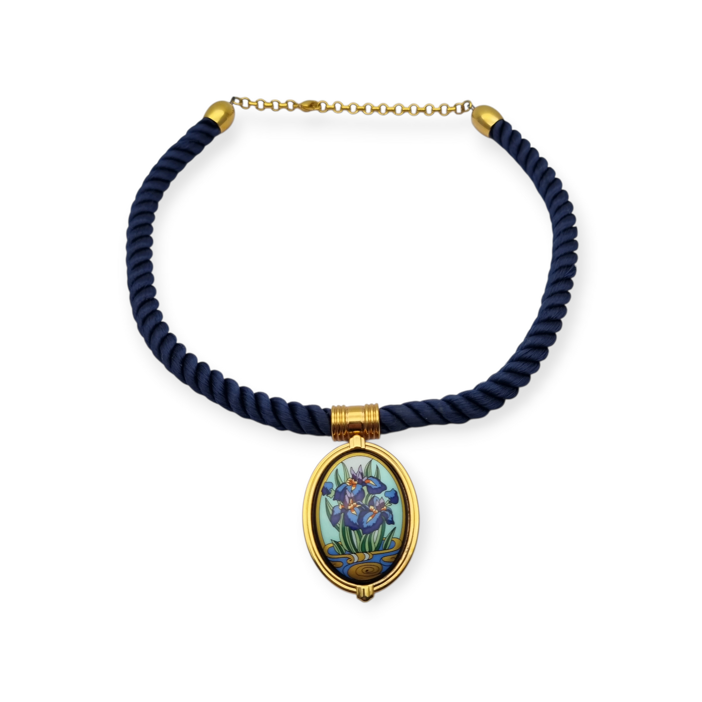 Collar con colgante de iris de Michaela Frey Wien esmaltado con cordón azul, circa 1980
