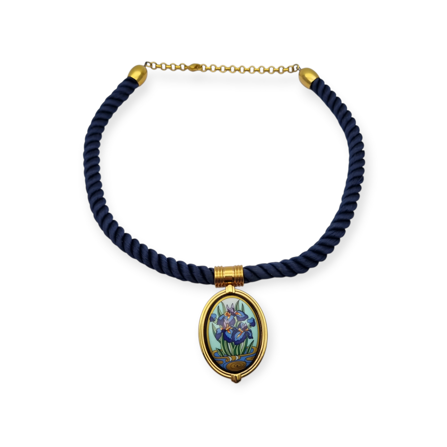 Collar con colgante de iris de Michaela Frey Wien esmaltado con cordón azul, circa 1980