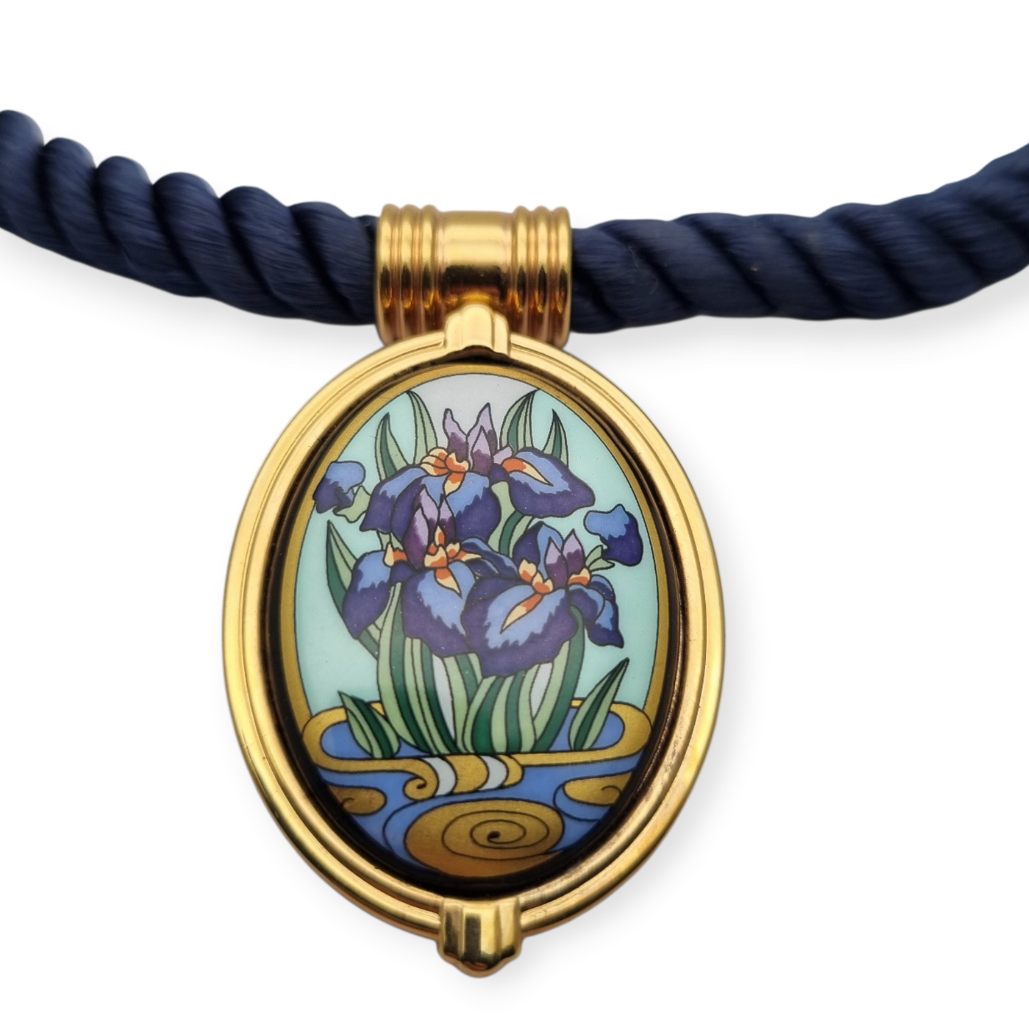 Collar con colgante de iris de Michaela Frey Wien esmaltado con cordón azul, circa 1980
