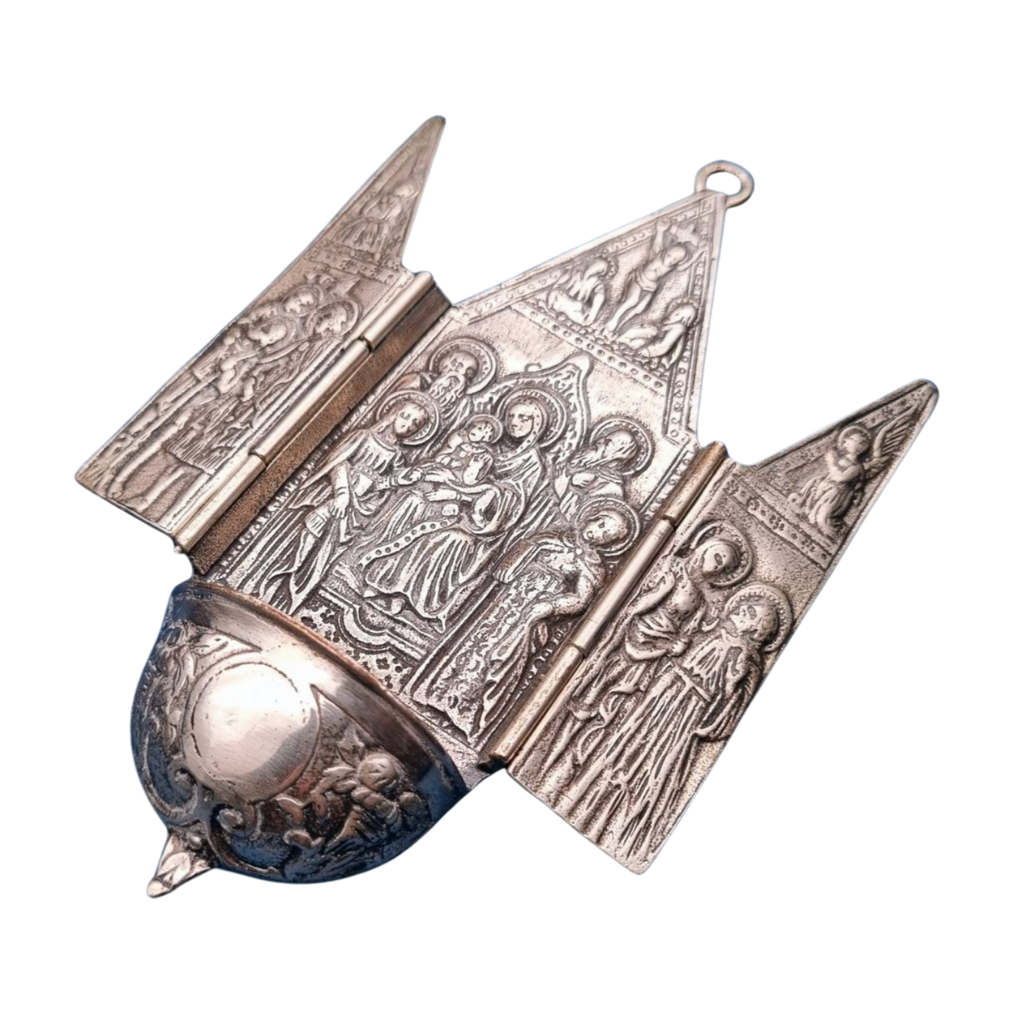Benditera antigua de plata 800, tríptico religioso, Europa, circa 1950.