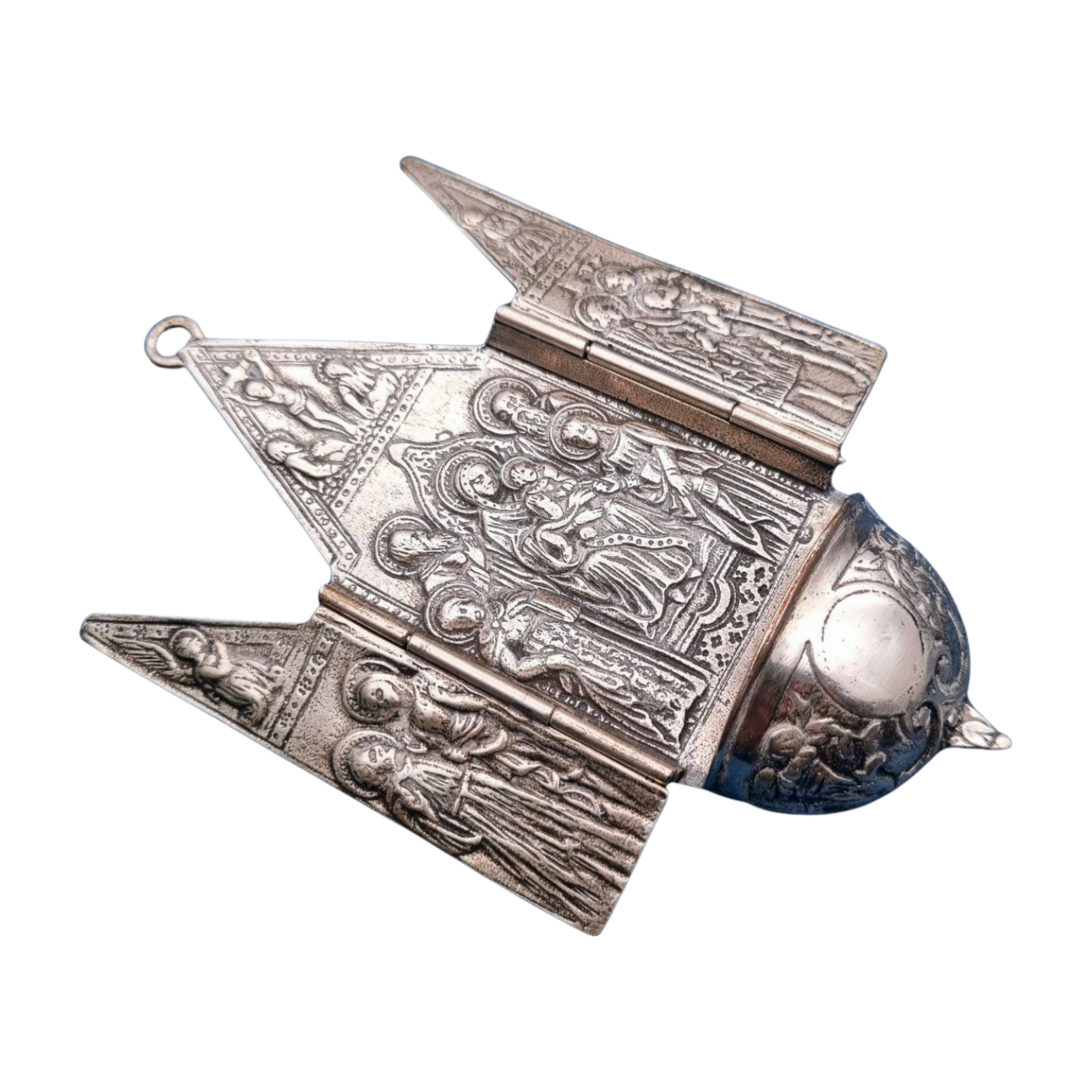 Benditera antigua de plata 800, tríptico religioso, Europa, circa 1950.