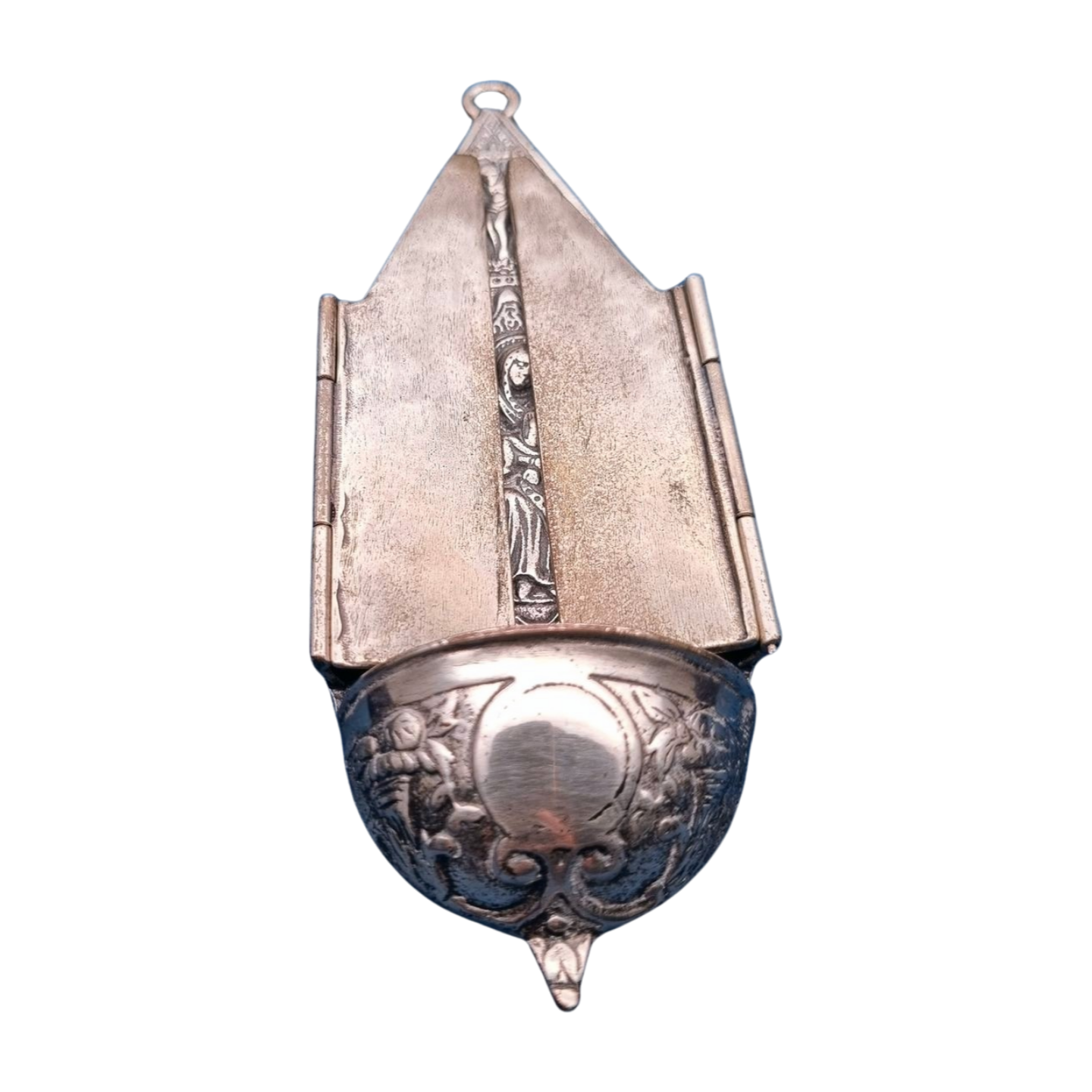 Benditera antigua de plata 800, tríptico religioso, Europa, circa 1950.