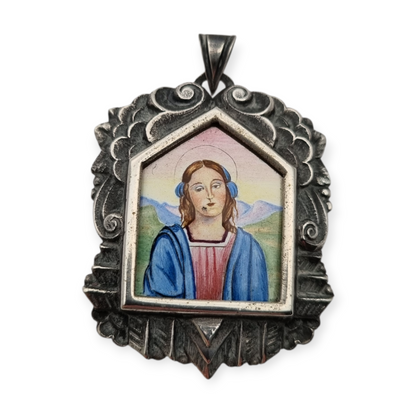 Catalan Art Deco silver medal and enamel miniature of the Virgin circa 1930-40