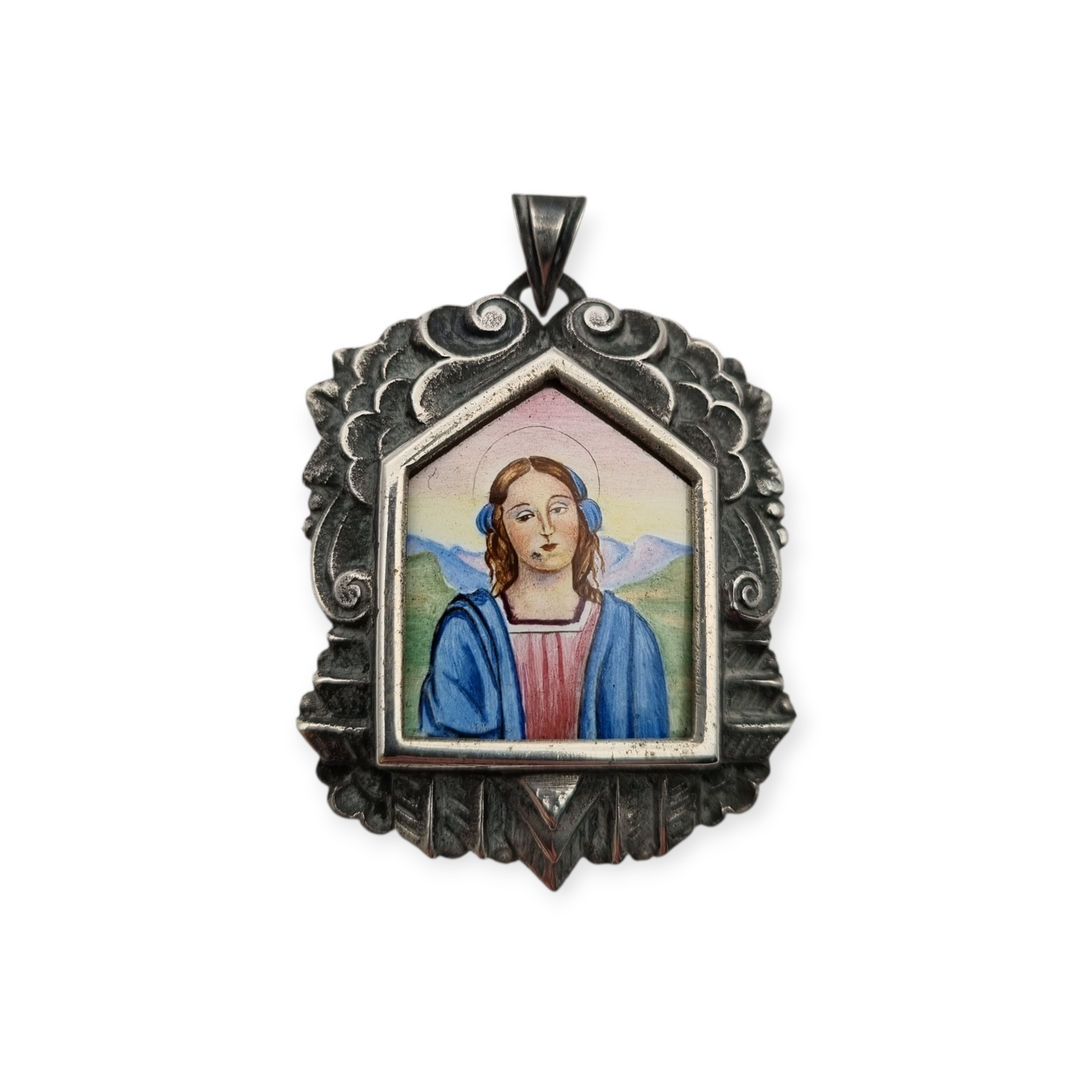 Catalan Art Deco silver medal and enamel miniature of the Virgin circa 1930-40