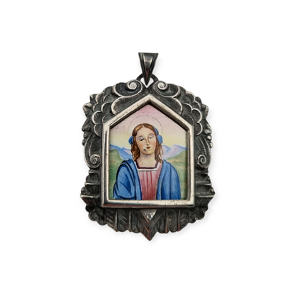 Catalan Art Deco silver medal and enamel miniature of the Virgin circa 1930-40