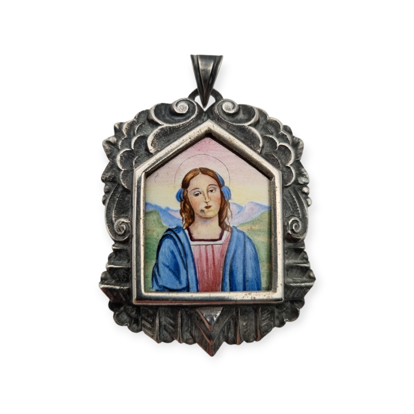 Catalan Art Deco silver medal and enamel miniature of the Virgin circa 1930-40