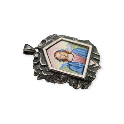 Catalan Art Deco silver medal and enamel miniature of the Virgin circa 1930-40