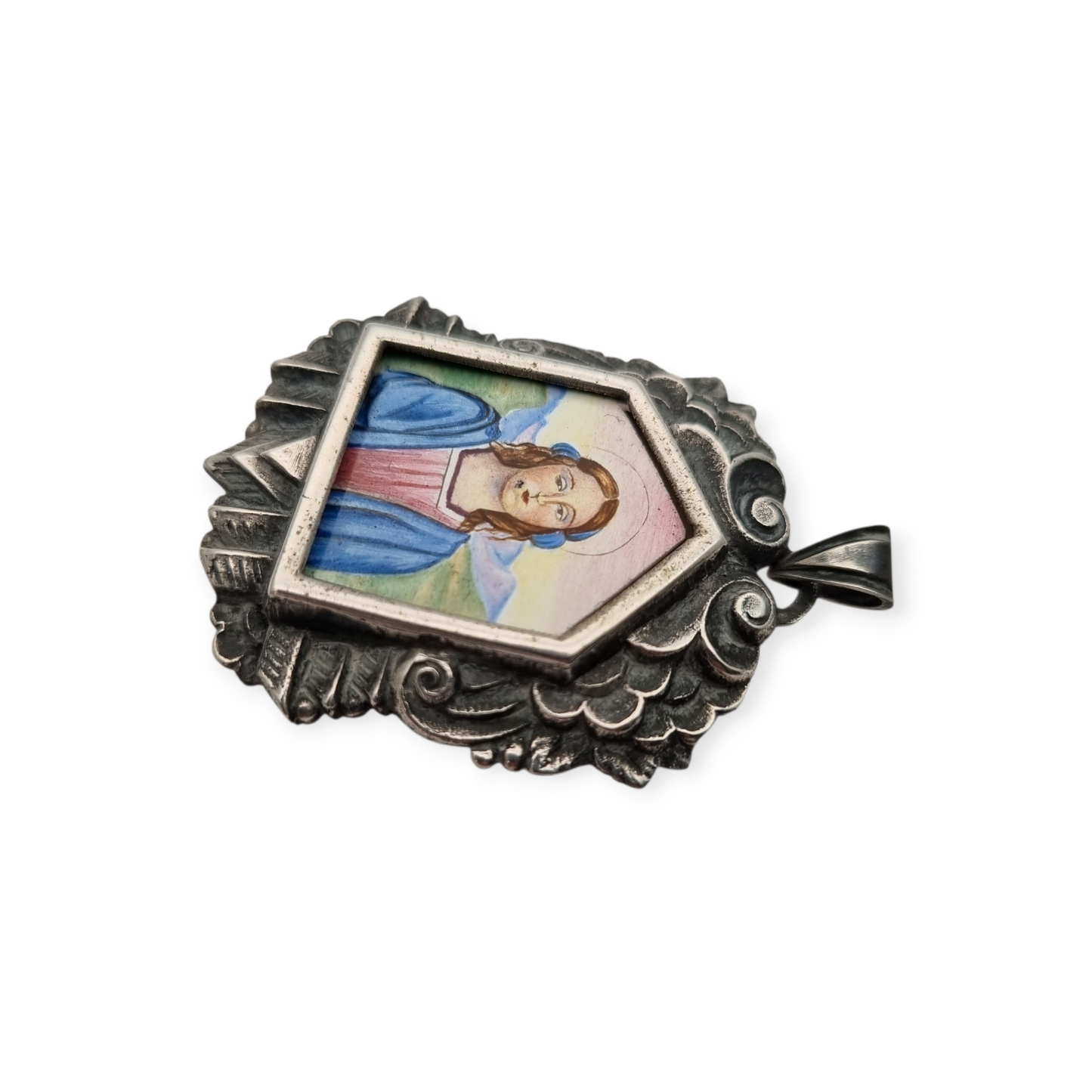 Catalan Art Deco silver medal and enamel miniature of the Virgin circa 1930-40