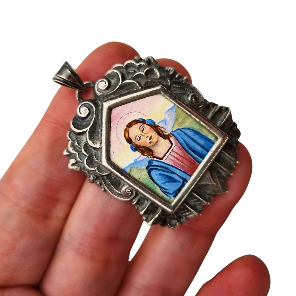 Catalan Art Deco silver medal and enamel miniature of the Virgin circa 1930-40