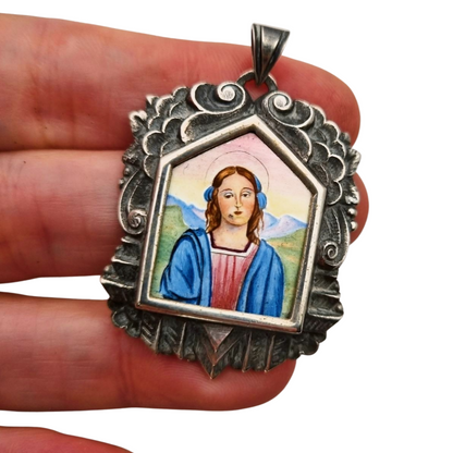 Catalan Art Deco silver medal and enamel miniature of the Virgin circa 1930-40