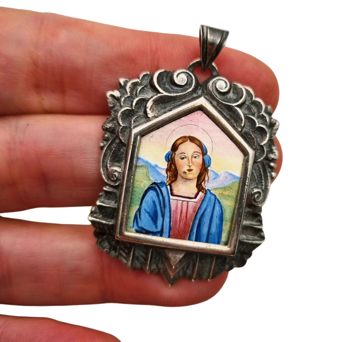 Catalan Art Deco silver medal and enamel miniature of the Virgin circa 1930-40