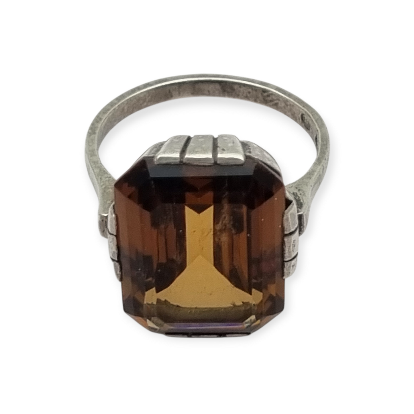 Art Deco geometric silver ring with smoked crystal, circa 1940-50