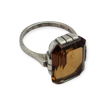 Art Deco geometric silver ring with smoked crystal, circa 1940-50
