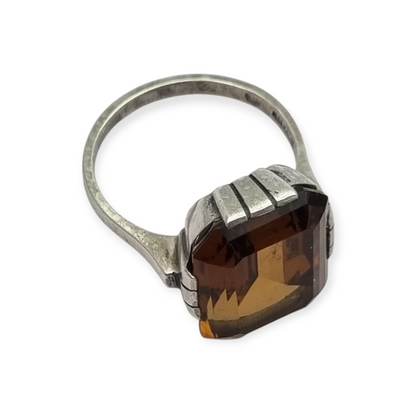 Art Deco geometric silver ring with smoked crystal, circa 1940-50