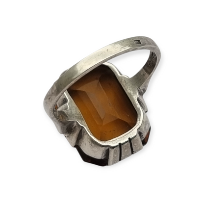 Art Deco geometric silver ring with smoked crystal, circa 1940-50